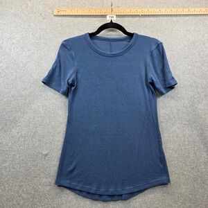 Lululemon Ribbed Short Sleeve Crew Neck Top Blue Curved Hem Athletic Tee